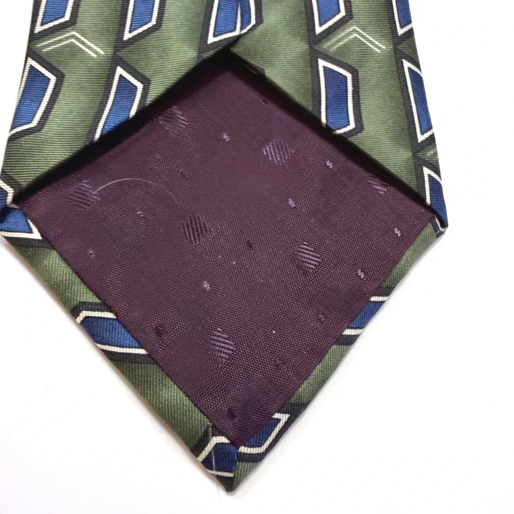 Barrington Mens Silk Tie Olive Green Blue Geometric Trapezoid Made in USA Italy